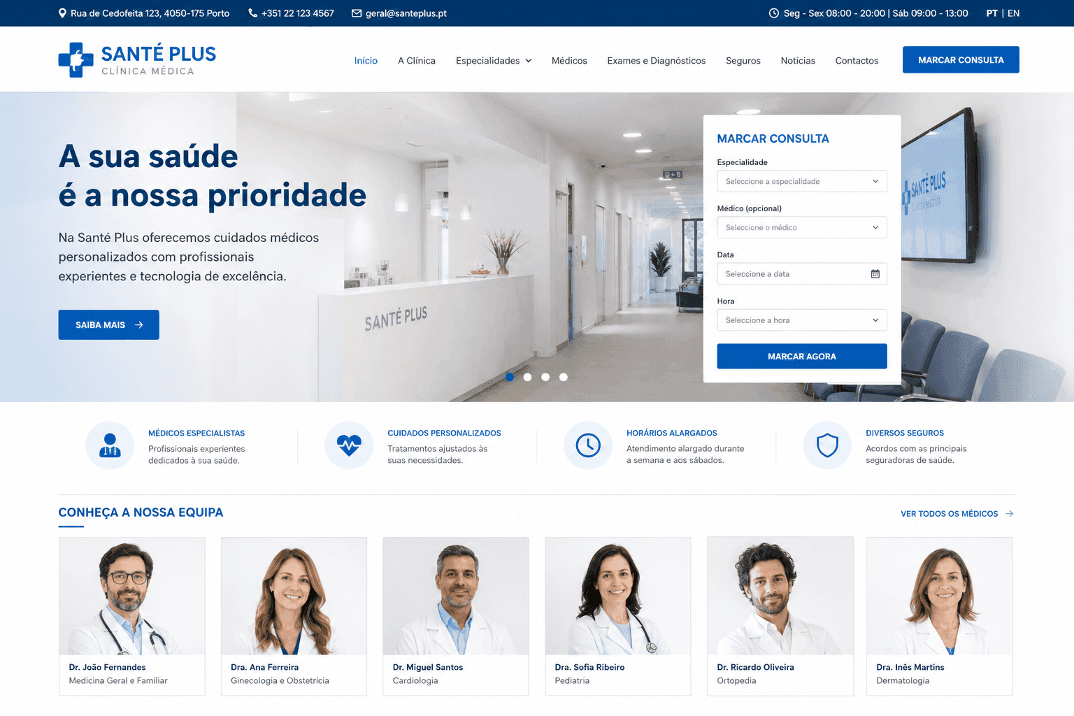 Capture d'écran du portail Clinique Santé Plus — Porto, Portugal