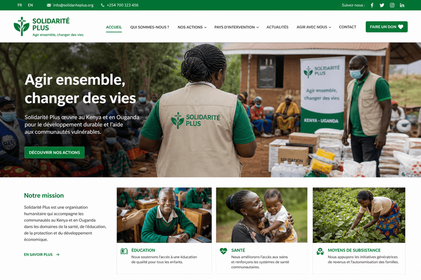 Capture d'écran du site ONG Solidarité Plus — Kenya & Ouganda — version mobile