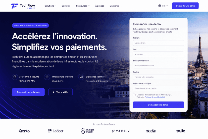 Capture d'écran de la landing page TechFlow — Paris, France — version mobile