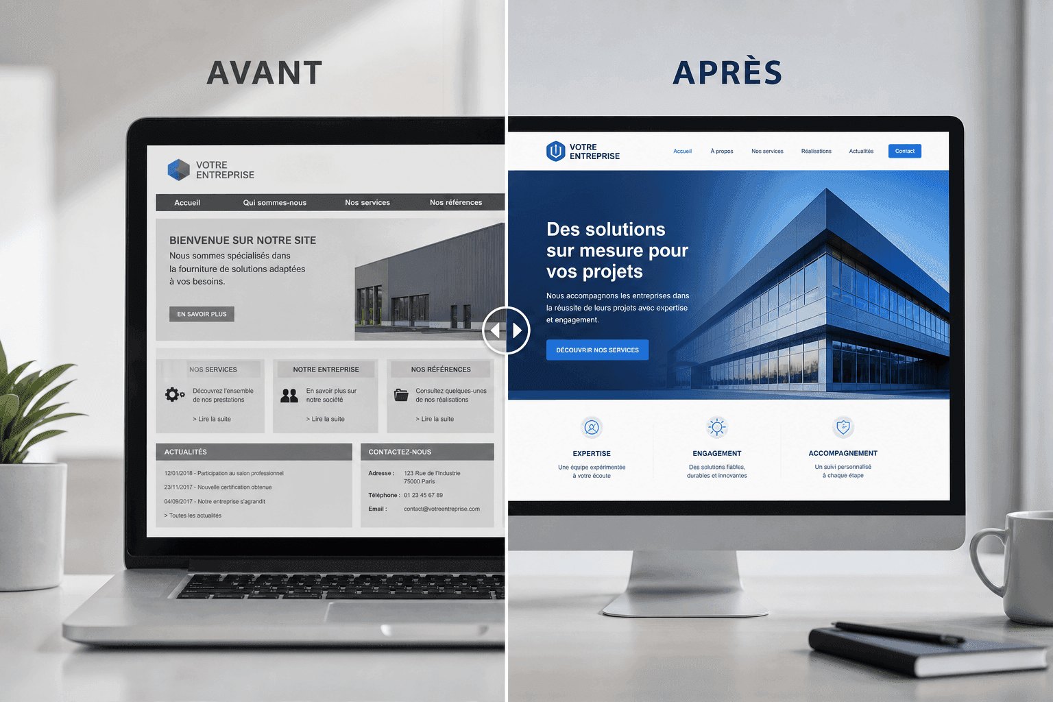 Comparaison avant/après d'une refonte de site web