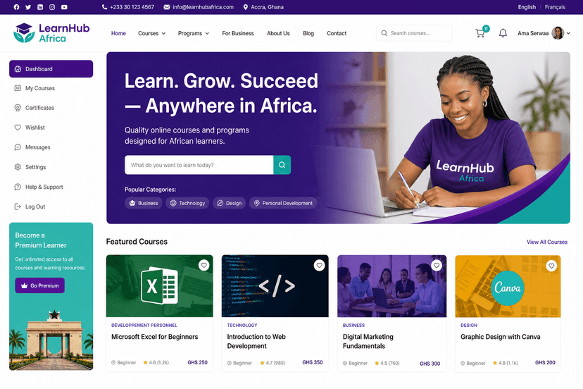Capture d'écran de la plateforme LearnHub Africa — Ghana — version mobile
