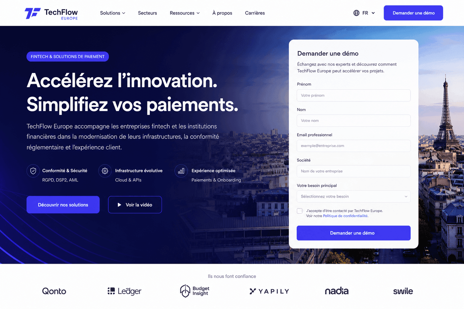 Capture d'écran de la landing page TechFlow — Paris, France